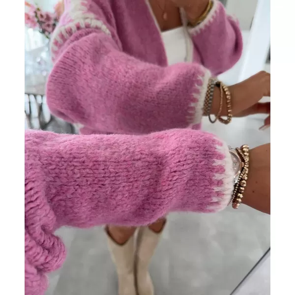 chouyatou Women Fall Open Front Color Block Cardigan Sweater Casual Striped Chunky Knit Oversized CardiganHot Pink