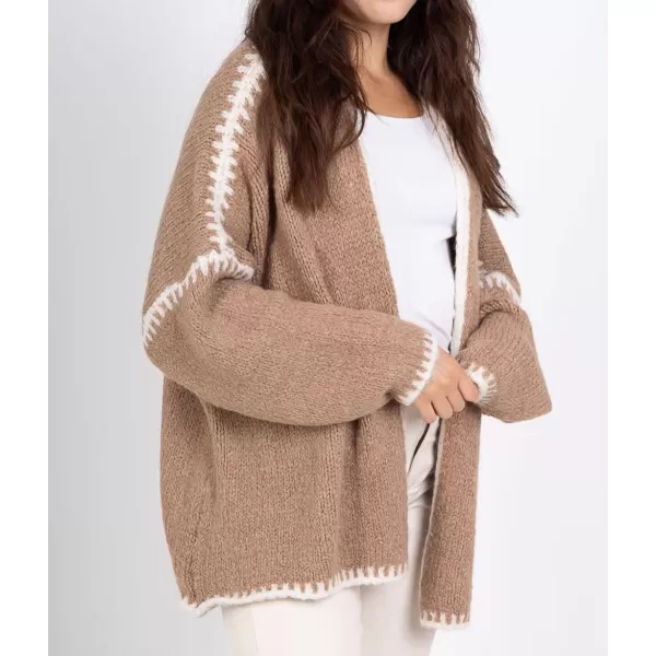 chouyatou Women Fall Open Front Color Block Cardigan Sweater Casual Striped Chunky Knit Oversized CardiganKhaki