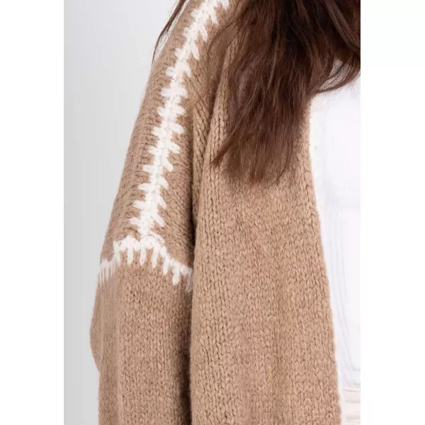 chouyatou Women Fall Open Front Color Block Cardigan Sweater Casual Striped Chunky Knit Oversized CardiganKhaki