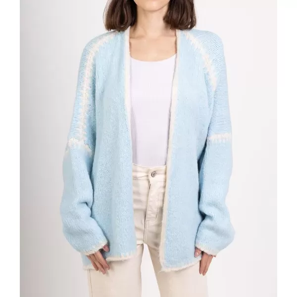 chouyatou Women Fall Open Front Color Block Cardigan Sweater Casual Striped Chunky Knit Oversized CardiganLight Blue