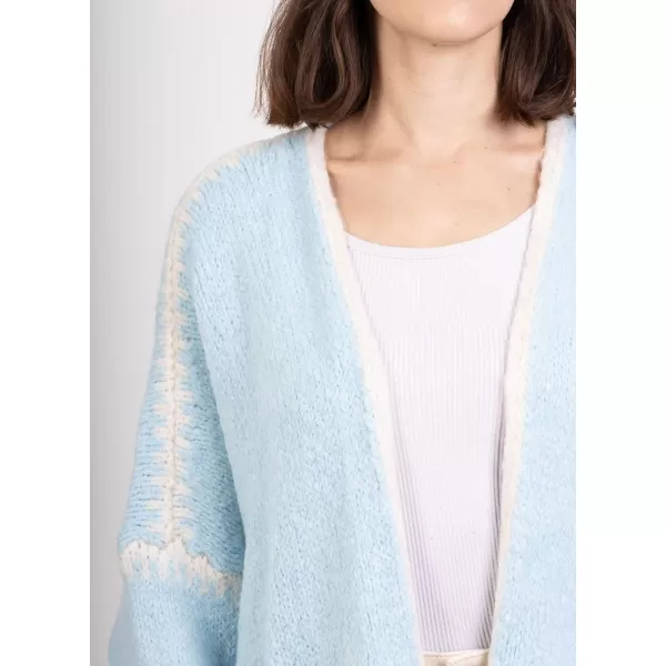 chouyatou Women Fall Open Front Color Block Cardigan Sweater Casual Striped Chunky Knit Oversized CardiganLight Blue