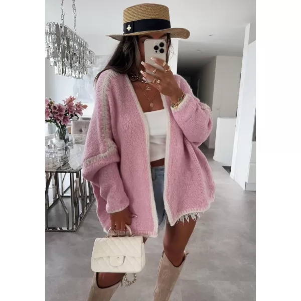 chouyatou Women Fall Open Front Color Block Cardigan Sweater Casual Striped Chunky Knit Oversized CardiganPink