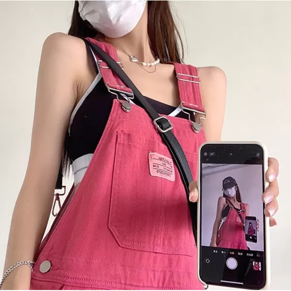 chouyatou Women Spring Wide Leg Denim Bib Overalls Adjustable Strap Casual Jeans Pants JumpsuitsPink