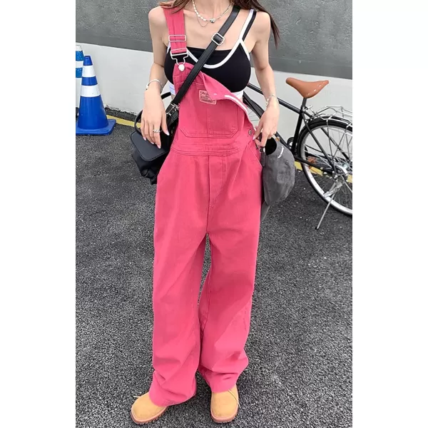 chouyatou Women Spring Wide Leg Denim Bib Overalls Adjustable Strap Casual Jeans Pants JumpsuitsPink