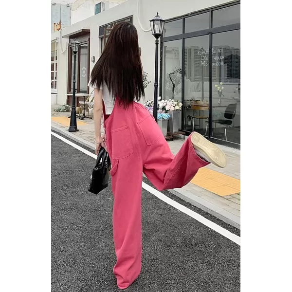 chouyatou Women Spring Wide Leg Denim Bib Overalls Adjustable Strap Casual Jeans Pants JumpsuitsPink