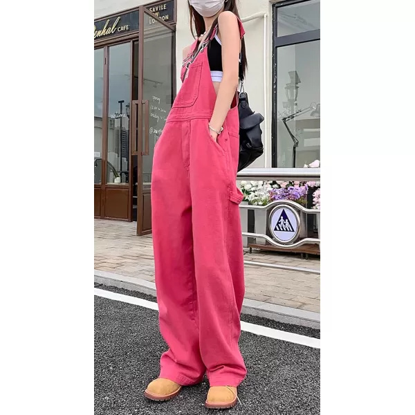chouyatou Women Spring Wide Leg Denim Bib Overalls Adjustable Strap Casual Jeans Pants JumpsuitsPink