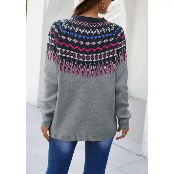 chouyatou Womens Casual Crewneck Knitted Fair Isle Print Sweater Pullover TopsGrey