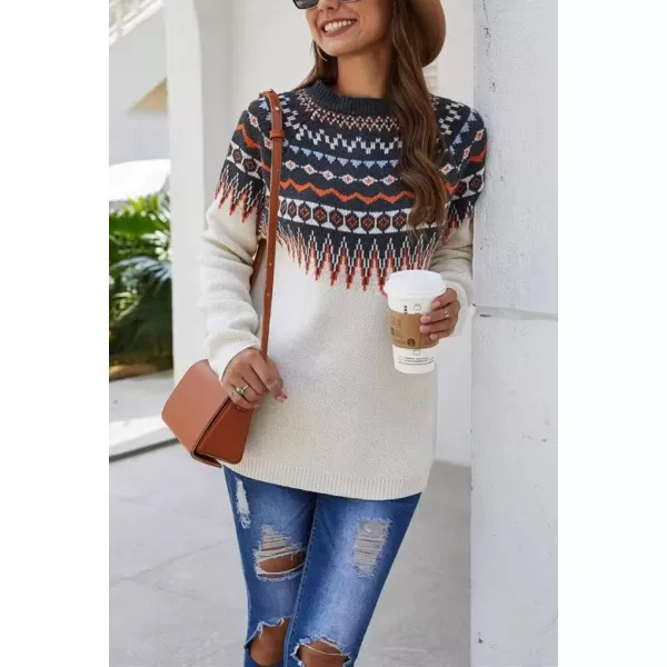 chouyatou Womens Casual Crewneck Knitted Fair Isle Print Sweater Pullover TopsWhite