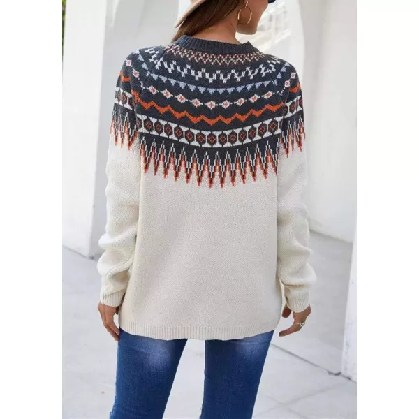 chouyatou Womens Casual Crewneck Knitted Fair Isle Print Sweater Pullover TopsWhite