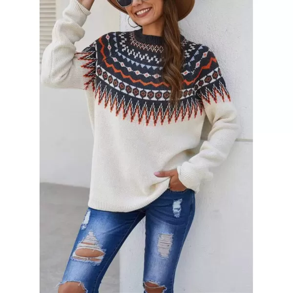chouyatou Womens Casual Crewneck Knitted Fair Isle Print Sweater Pullover TopsWhite