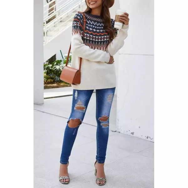 chouyatou Womens Casual Crewneck Knitted Fair Isle Print Sweater Pullover TopsWhite