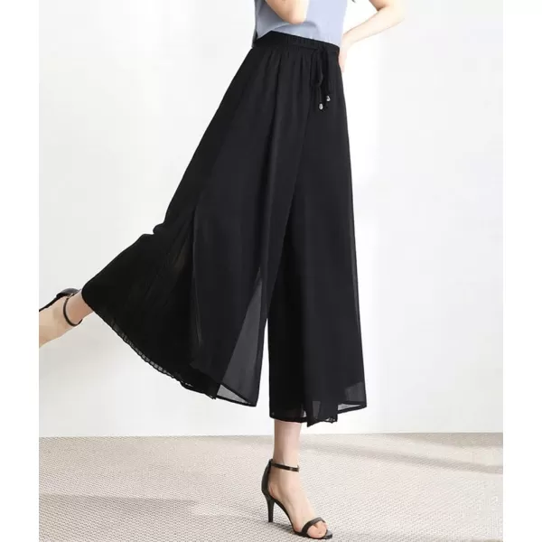 chouyatou Womens Chiffon Wide Leg Pants High Waist Pleated Culotte Palazzo Pants Side SlitBlack
