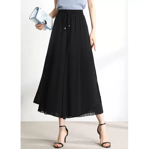 chouyatou Womens Chiffon Wide Leg Pants High Waist Pleated Culotte Palazzo Pants Side SlitBlack