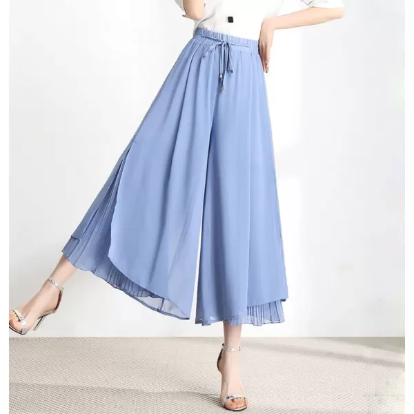 chouyatou Womens Chiffon Wide Leg Pants High Waist Pleated Culotte Palazzo Pants Side SlitBlue