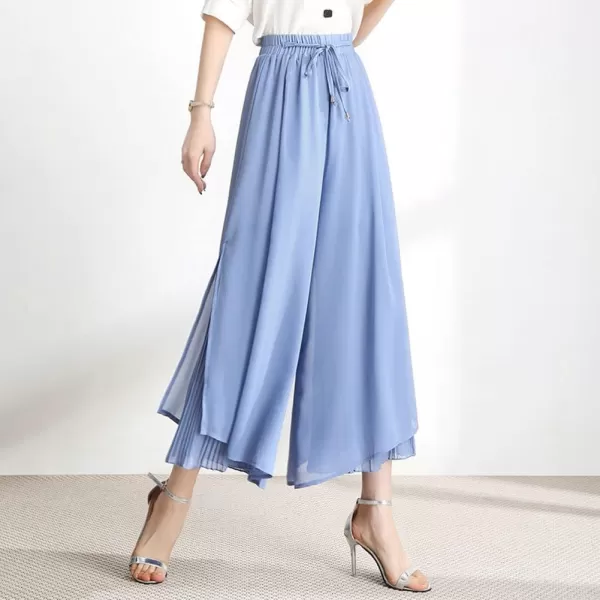 chouyatou Womens Chiffon Wide Leg Pants High Waist Pleated Culotte Palazzo Pants Side SlitBlue