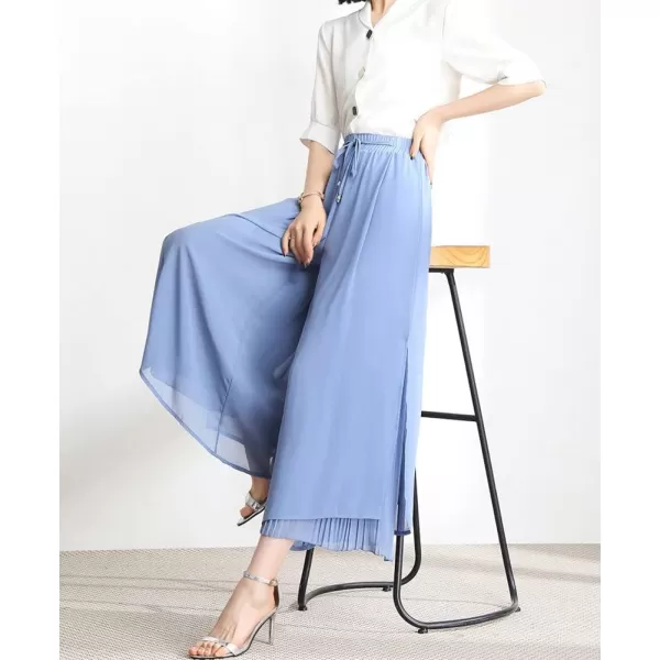 chouyatou Womens Chiffon Wide Leg Pants High Waist Pleated Culotte Palazzo Pants Side SlitBlue