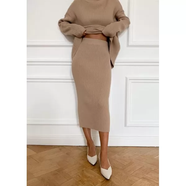 chouyatou Womens Chunky 2 Piece Outfits Turtleneck Knit Sweater and Maxi Bodycon Skirt SetsKhaki