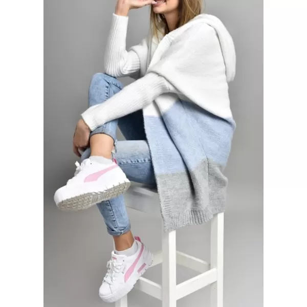 chouyatou Womens Color Block Hooded Cardigan Casual Loose Open Front Ribbed Knit Long Coatigan SweaterBlue