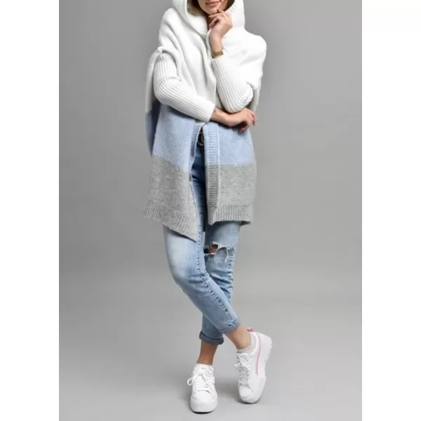 chouyatou Womens Color Block Hooded Cardigan Casual Loose Open Front Ribbed Knit Long Coatigan SweaterBlue
