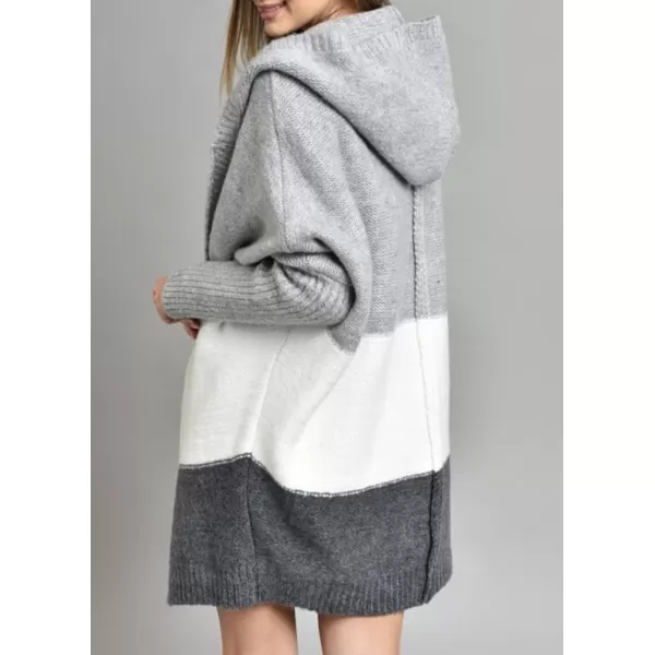 chouyatou Womens Color Block Hooded Cardigan Casual Loose Open Front Ribbed Knit Long Coatigan SweaterGrey White