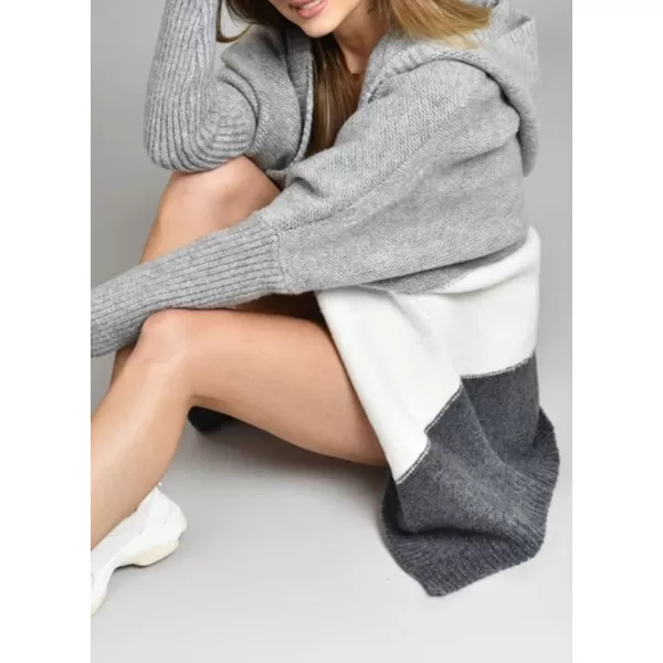 chouyatou Womens Color Block Hooded Cardigan Casual Loose Open Front Ribbed Knit Long Coatigan SweaterGrey White