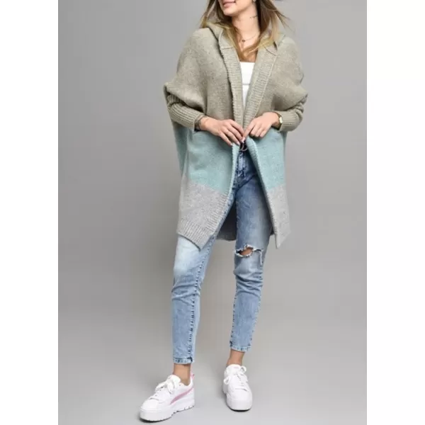 chouyatou Womens Color Block Hooded Cardigan Casual Loose Open Front Ribbed Knit Long Coatigan SweaterMint Green