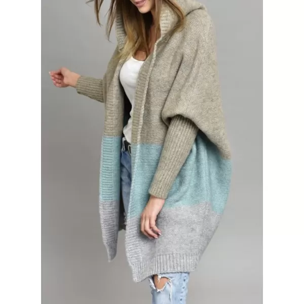 chouyatou Womens Color Block Hooded Cardigan Casual Loose Open Front Ribbed Knit Long Coatigan SweaterMint Green