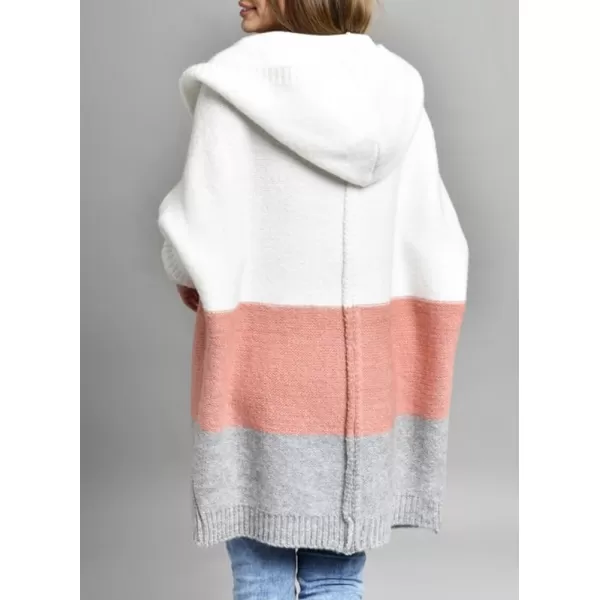 chouyatou Womens Color Block Hooded Cardigan Casual Loose Open Front Ribbed Knit Long Coatigan SweaterPink