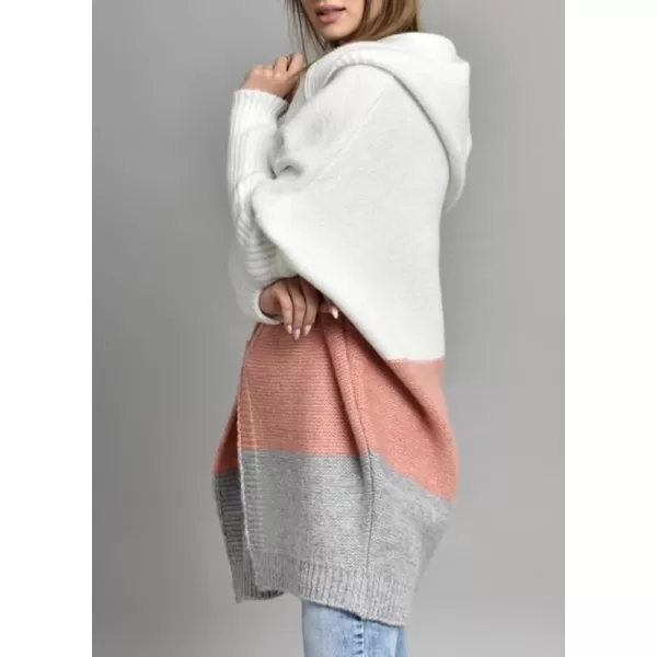 chouyatou Womens Color Block Hooded Cardigan Casual Loose Open Front Ribbed Knit Long Coatigan SweaterPink