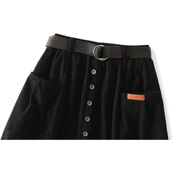 chouyatou Womens Cute ALine High Waist Pocket Midi Long Corduroy Skirt with BeltBlack