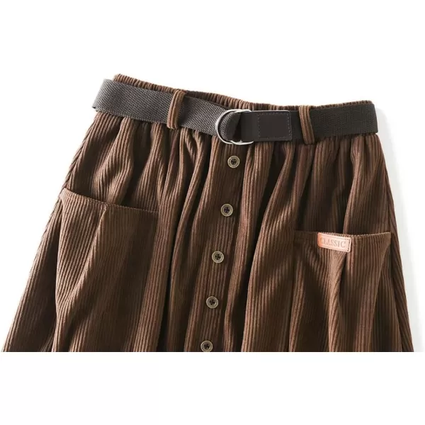 chouyatou Womens Cute ALine High Waist Pocket Midi Long Corduroy Skirt with BeltCoffee Brown