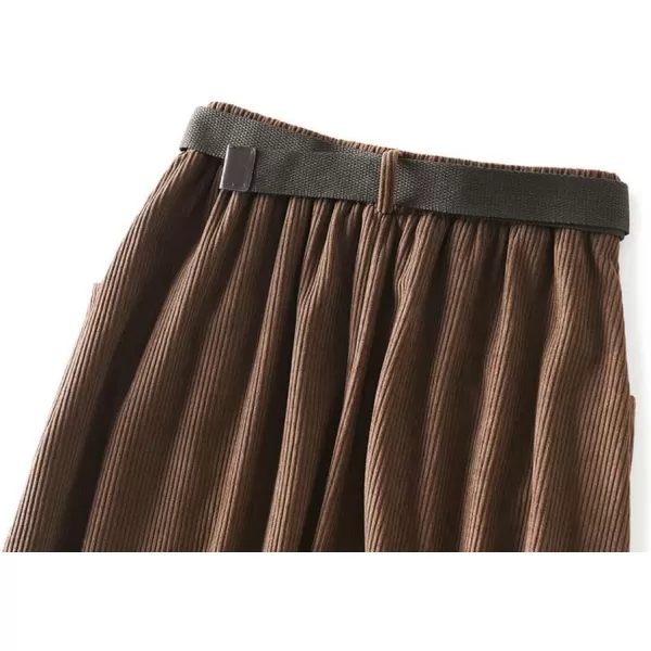 chouyatou Womens Cute ALine High Waist Pocket Midi Long Corduroy Skirt with BeltCoffee Brown