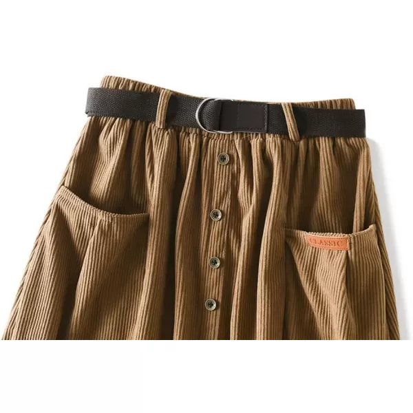 chouyatou Womens Cute ALine High Waist Pocket Midi Long Corduroy Skirt with BeltLight Khaki