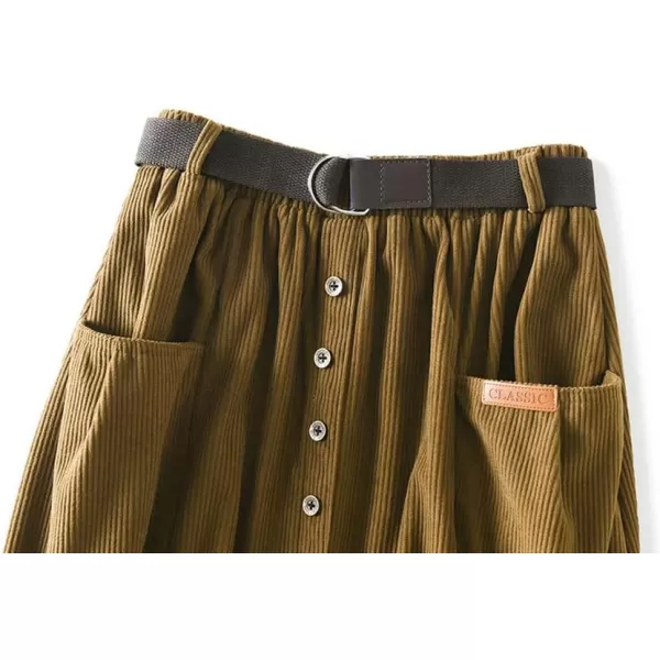 chouyatou Womens Cute ALine High Waist Pocket Midi Long Corduroy Skirt with BeltTurmeric Yellow