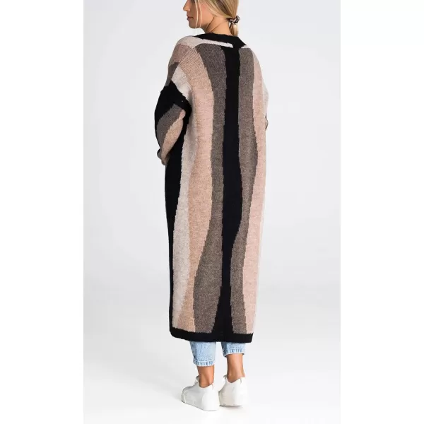 chouyatou Womens Fall Open Front Color Block Long Cardigan Sweater Coat Casual Vertical Striped CoatiganBlack