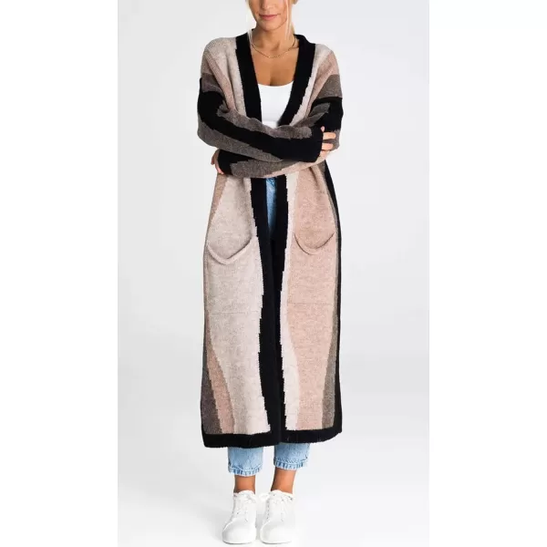 chouyatou Womens Fall Open Front Color Block Long Cardigan Sweater Coat Casual Vertical Striped CoatiganBlack