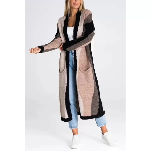 chouyatou Womens Fall Open Front Color Block Long Cardigan Sweater Coat Casual Vertical Striped CoatiganBlack