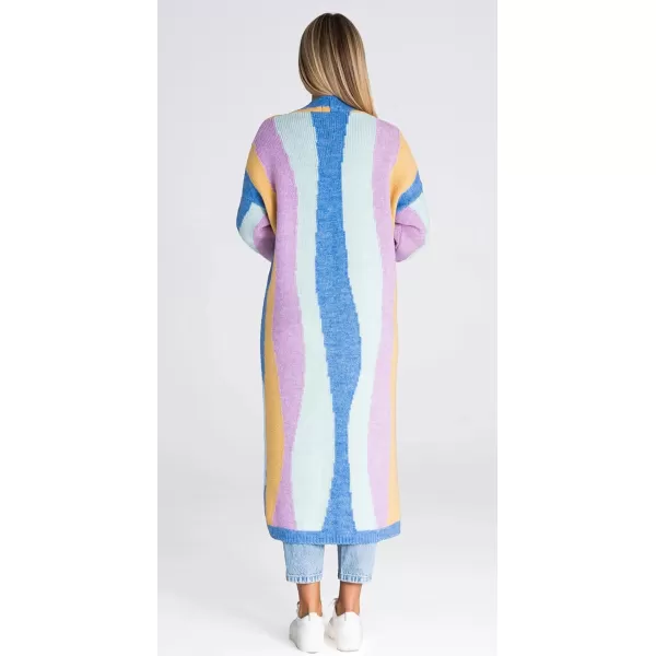 chouyatou Womens Fall Open Front Color Block Long Cardigan Sweater Coat Casual Vertical Striped CoatiganBlue