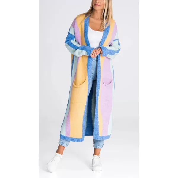 chouyatou Womens Fall Open Front Color Block Long Cardigan Sweater Coat Casual Vertical Striped CoatiganBlue