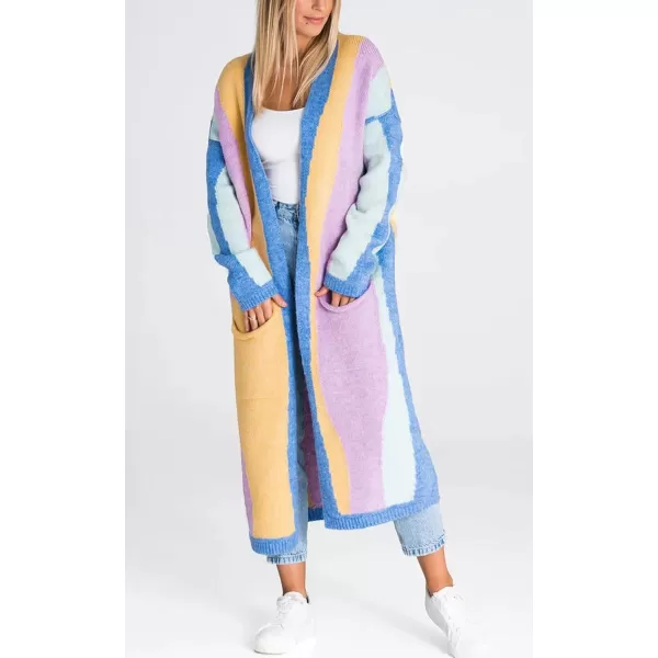 chouyatou Womens Fall Open Front Color Block Long Cardigan Sweater Coat Casual Vertical Striped CoatiganBlue