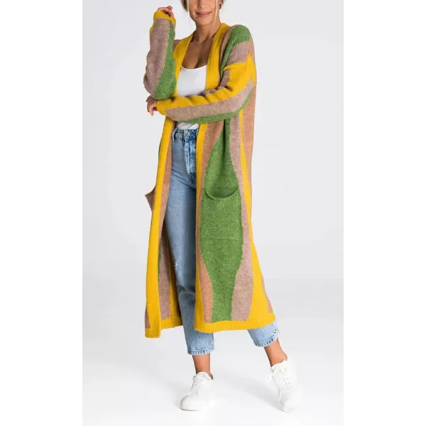 chouyatou Womens Fall Open Front Color Block Long Cardigan Sweater Coat Casual Vertical Striped CoatiganGreen