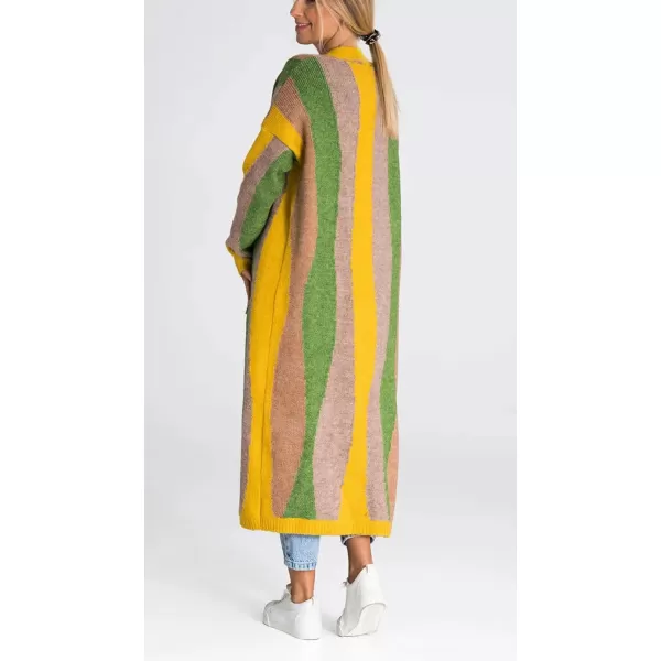 chouyatou Womens Fall Open Front Color Block Long Cardigan Sweater Coat Casual Vertical Striped CoatiganGreen