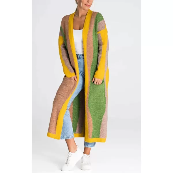 chouyatou Womens Fall Open Front Color Block Long Cardigan Sweater Coat Casual Vertical Striped CoatiganGreen