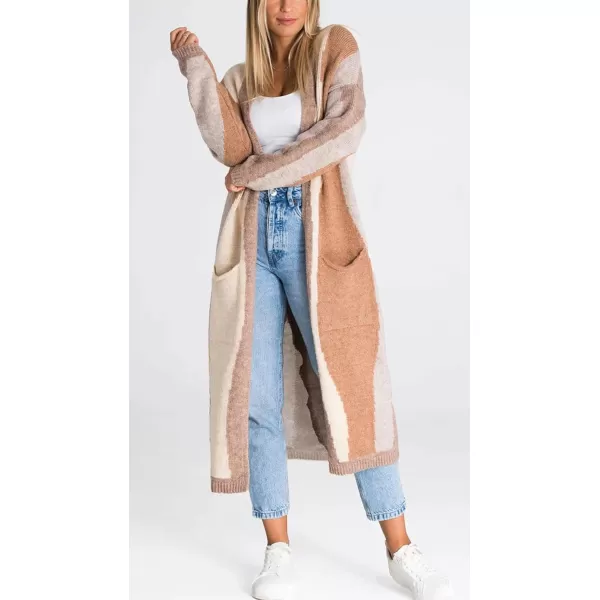 chouyatou Womens Fall Open Front Color Block Long Cardigan Sweater Coat Casual Vertical Striped CoatiganKhaki