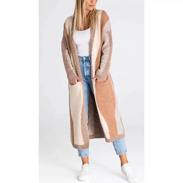 chouyatou Womens Fall Open Front Color Block Long Cardigan Sweater Coat Casual Vertical Striped CoatiganKhaki