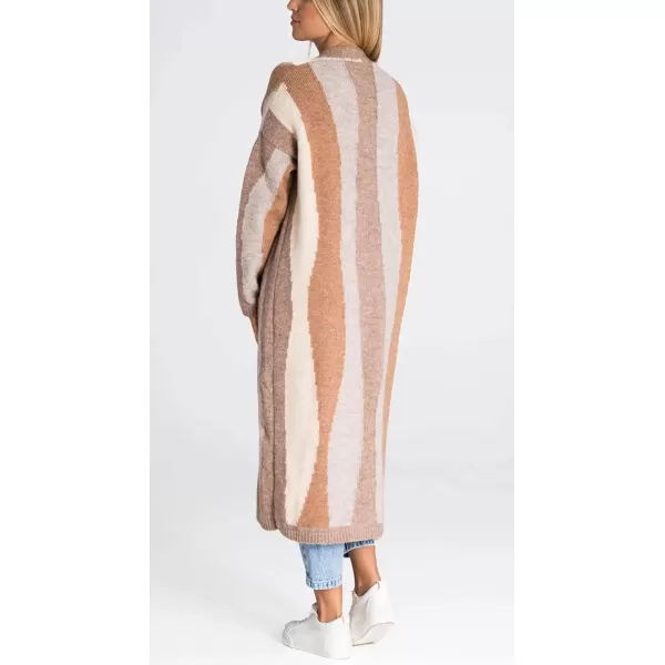 chouyatou Womens Fall Open Front Color Block Long Cardigan Sweater Coat Casual Vertical Striped CoatiganKhaki