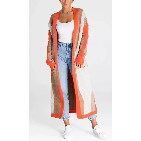 chouyatou Womens Fall Open Front Color Block Long Cardigan Sweater Coat Casual Vertical Striped CoatiganOrange