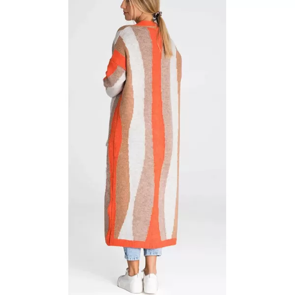 chouyatou Womens Fall Open Front Color Block Long Cardigan Sweater Coat Casual Vertical Striped CoatiganOrange