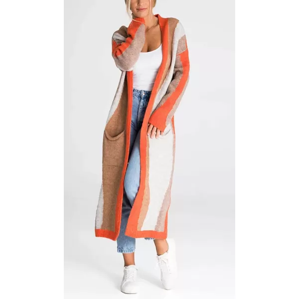 chouyatou Womens Fall Open Front Color Block Long Cardigan Sweater Coat Casual Vertical Striped CoatiganOrange