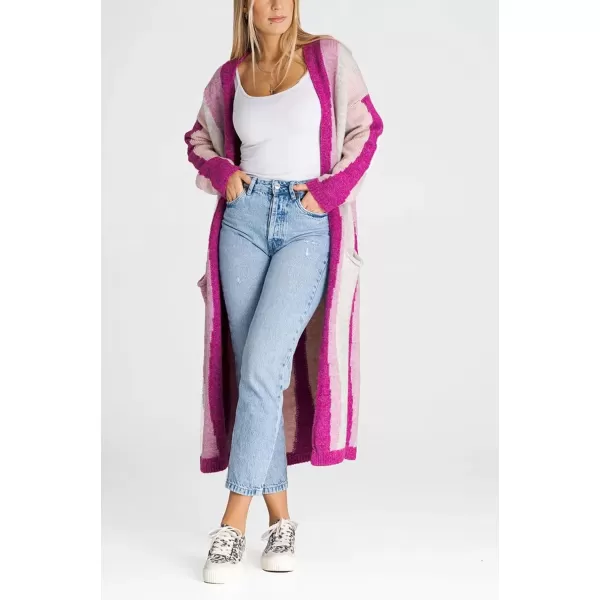 chouyatou Womens Fall Open Front Color Block Long Cardigan Sweater Coat Casual Vertical Striped CoatiganPurple